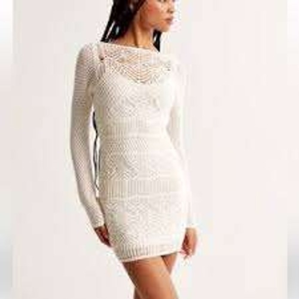 Abercrombie & Fitch Cream Crochet Long-Sleeve Mini Dress